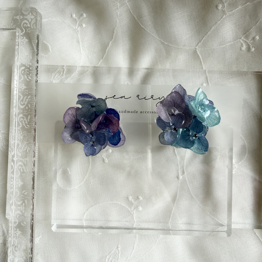 no.354 ブルーmixの紫陽花ピアス 本物のお花 アジサイ あじさい ブルー パープル サージカルステンレス ピアス
