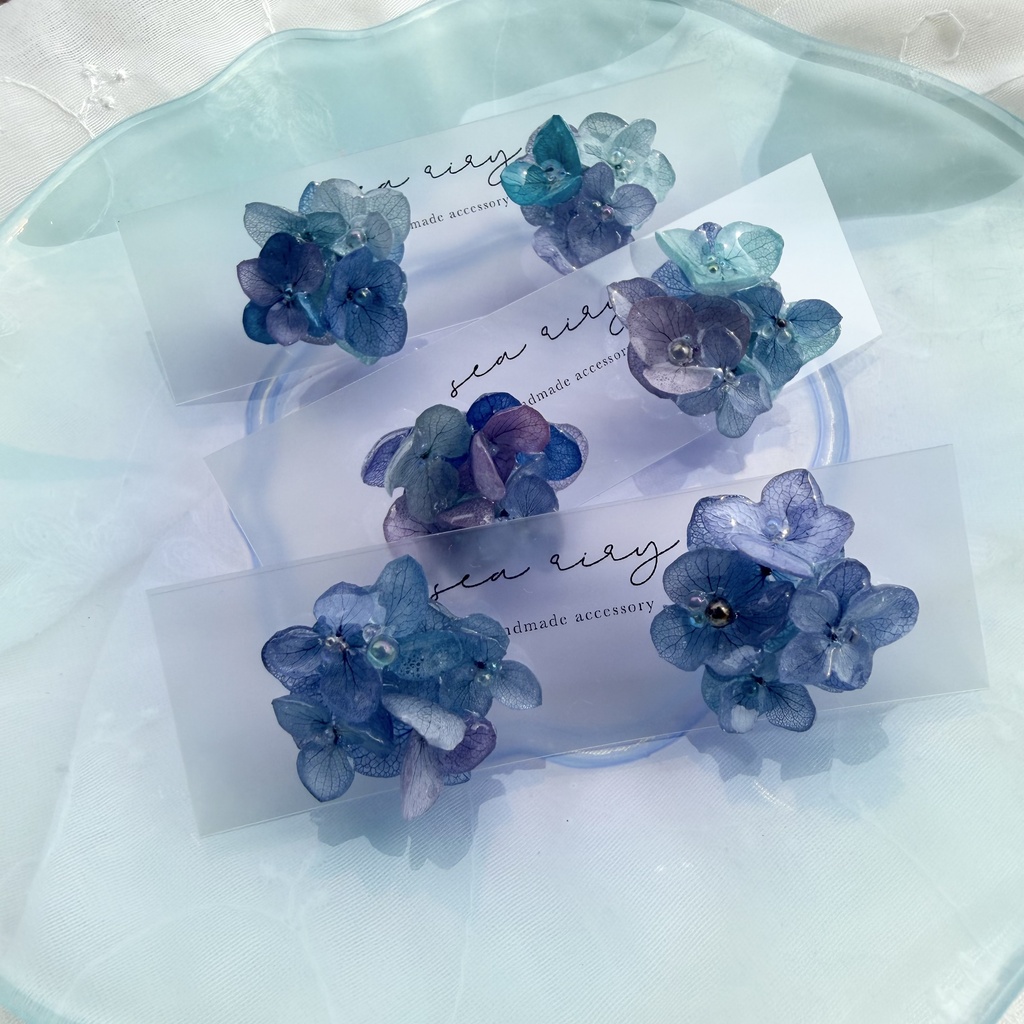 no.354 ブルーmixの紫陽花ピアス 本物のお花 アジサイ あじさい ブルー パープル サージカルステンレス ピアス