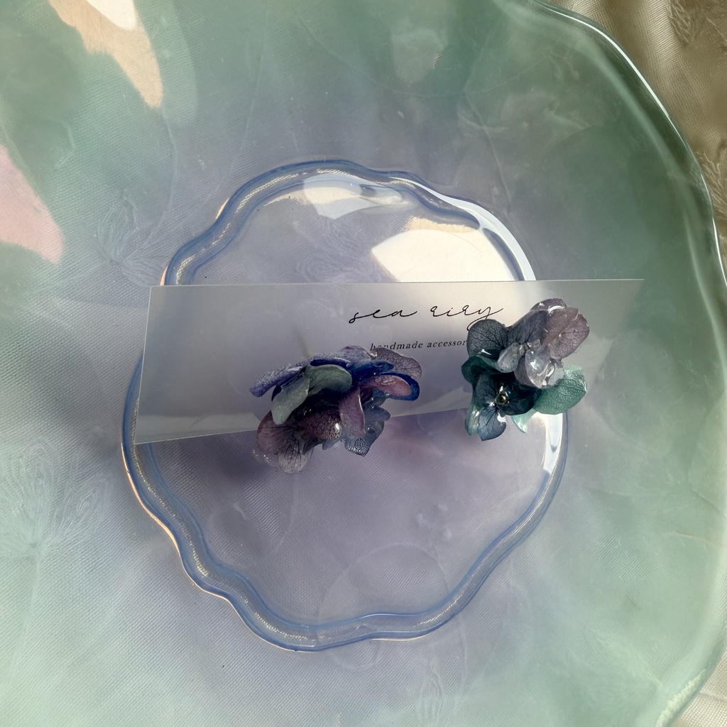 no.354 ブルーmixの紫陽花ピアス 本物のお花 アジサイ あじさい ブルー パープル サージカルステンレス ピアス
