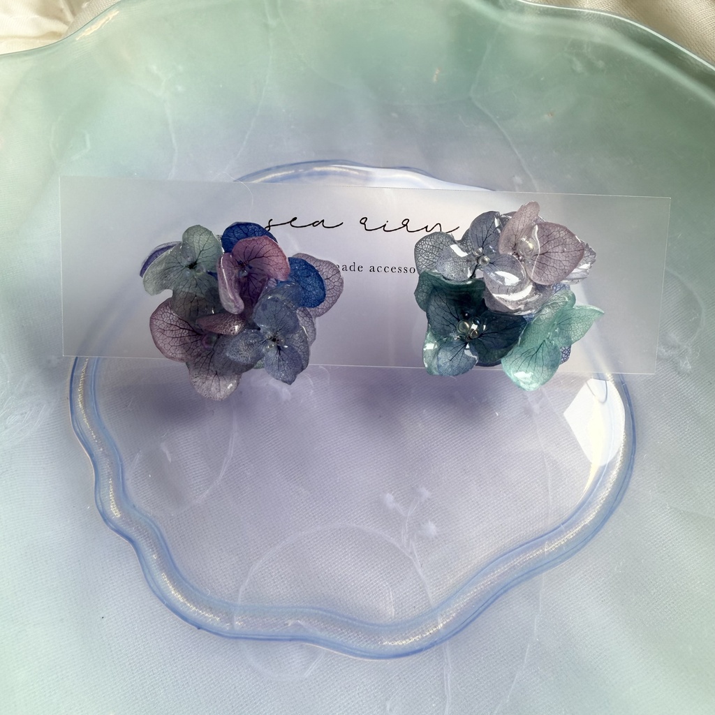 no.354 ブルーmixの紫陽花ピアス 本物のお花 アジサイ あじさい ブルー パープル サージカルステンレス ピアス
