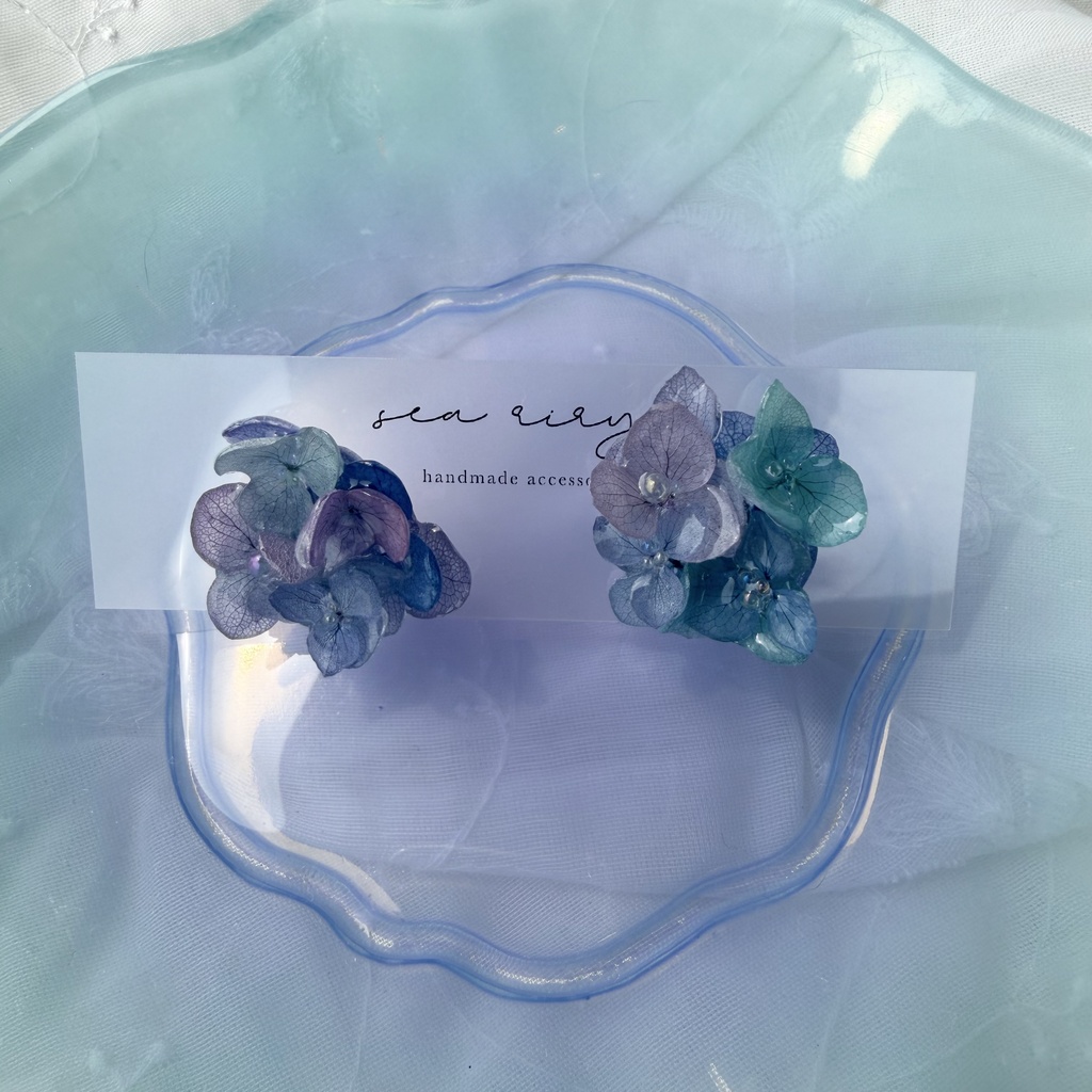 no.354 ブルーmixの紫陽花ピアス 本物のお花 アジサイ あじさい ブルー パープル サージカルステンレス ピアス