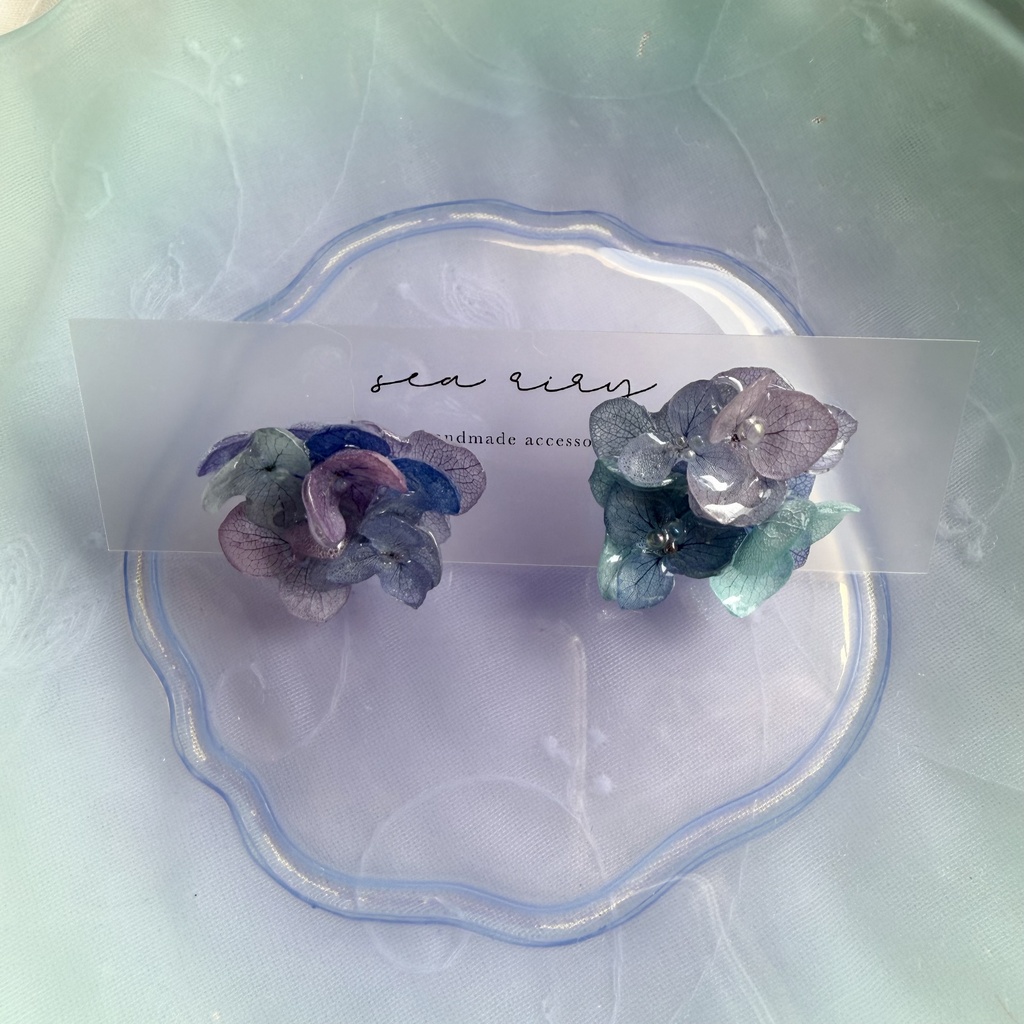 no.354 ブルーmixの紫陽花ピアス 本物のお花 アジサイ あじさい ブルー パープル サージカルステンレス ピアス