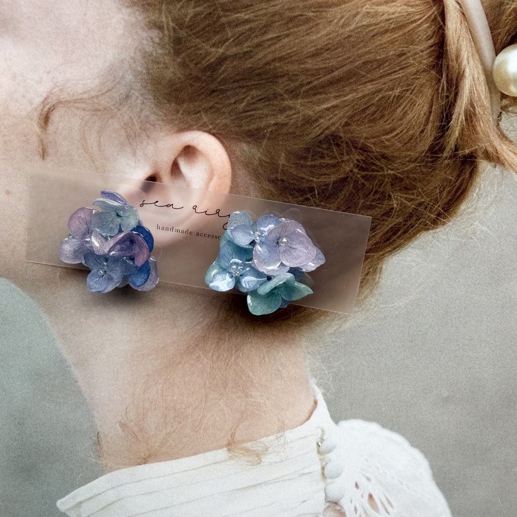 no.354 ブルーmixの紫陽花ピアス 本物のお花 アジサイ あじさい ブルー パープル サージカルステンレス ピアス