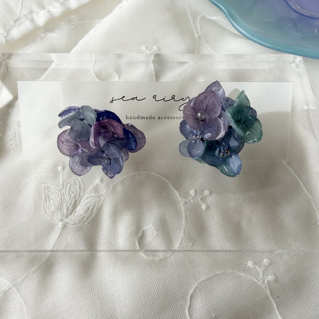 no.354 ブルーmixの紫陽花ピアス 本物のお花 アジサイ あじさい ブルー パープル サージカルステンレス ピアス