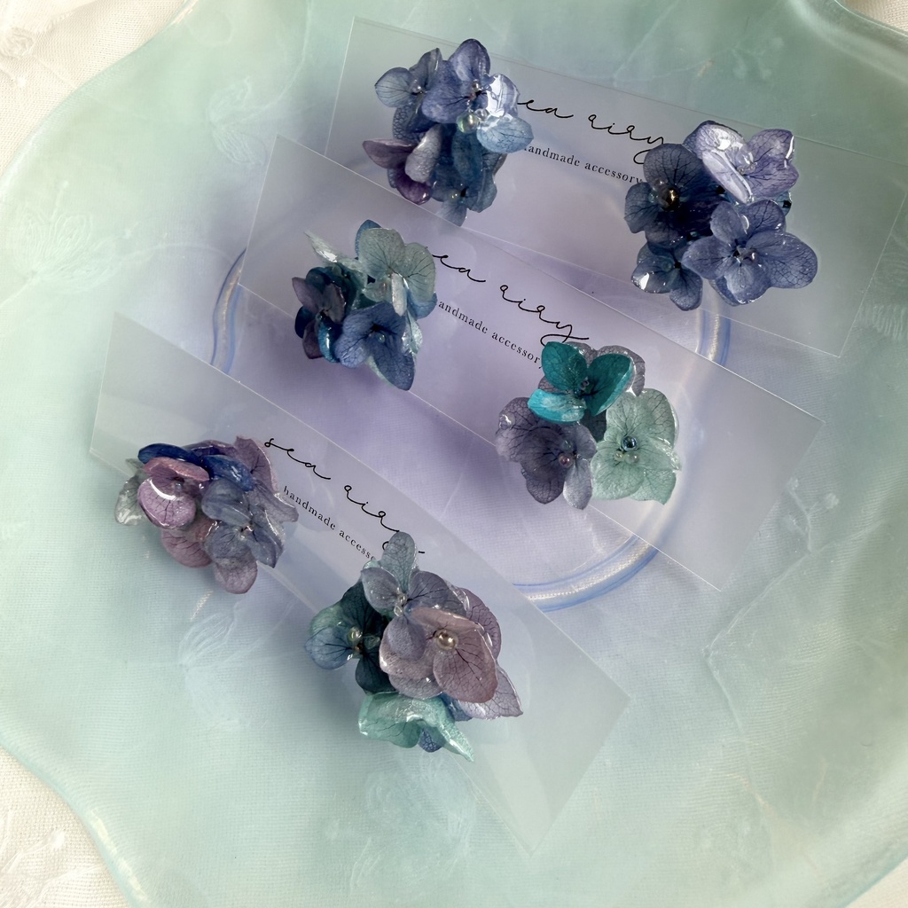 no.354 ブルーmixの紫陽花ピアス 本物のお花 アジサイ あじさい ブルー パープル サージカルステンレス ピアス