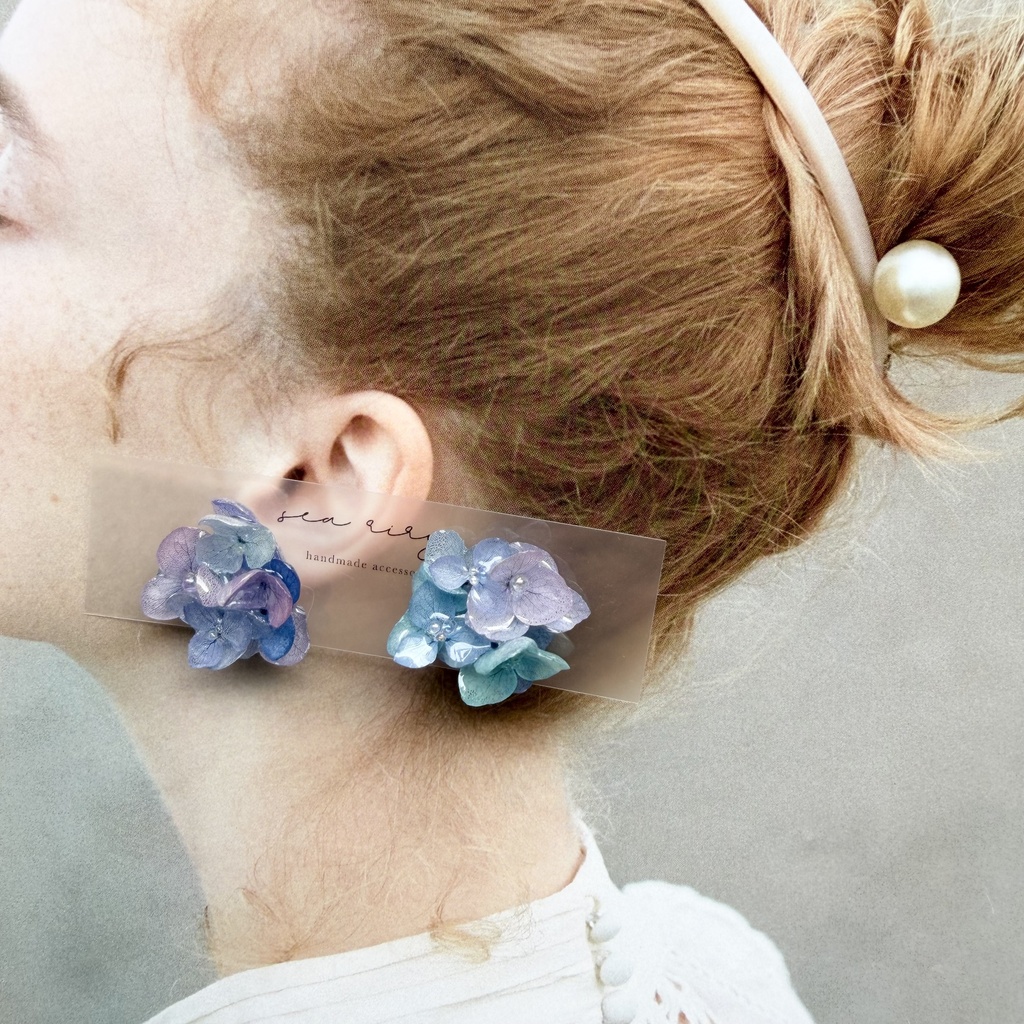 no.354 ブルーmixの紫陽花ピアス 本物のお花 アジサイ あじさい ブルー パープル サージカルステンレス ピアス