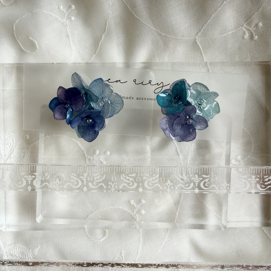 no.355 ブルーmixの紫陽花ピアス 本物のお花 アジサイ あじさい ブルー パープル サージカルステンレス ピアス