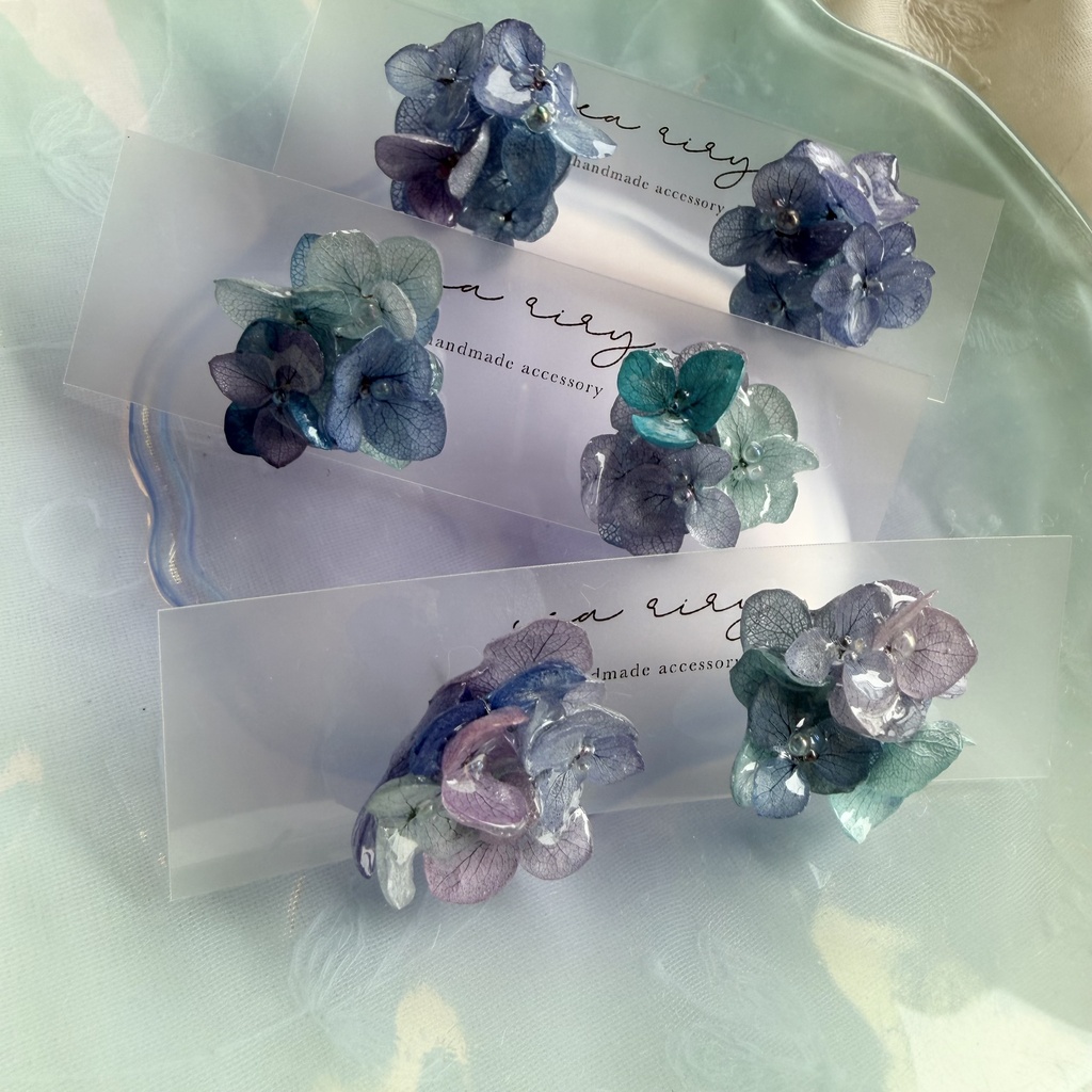 no.355 ブルーmixの紫陽花ピアス 本物のお花 アジサイ あじさい ブルー パープル サージカルステンレス ピアス