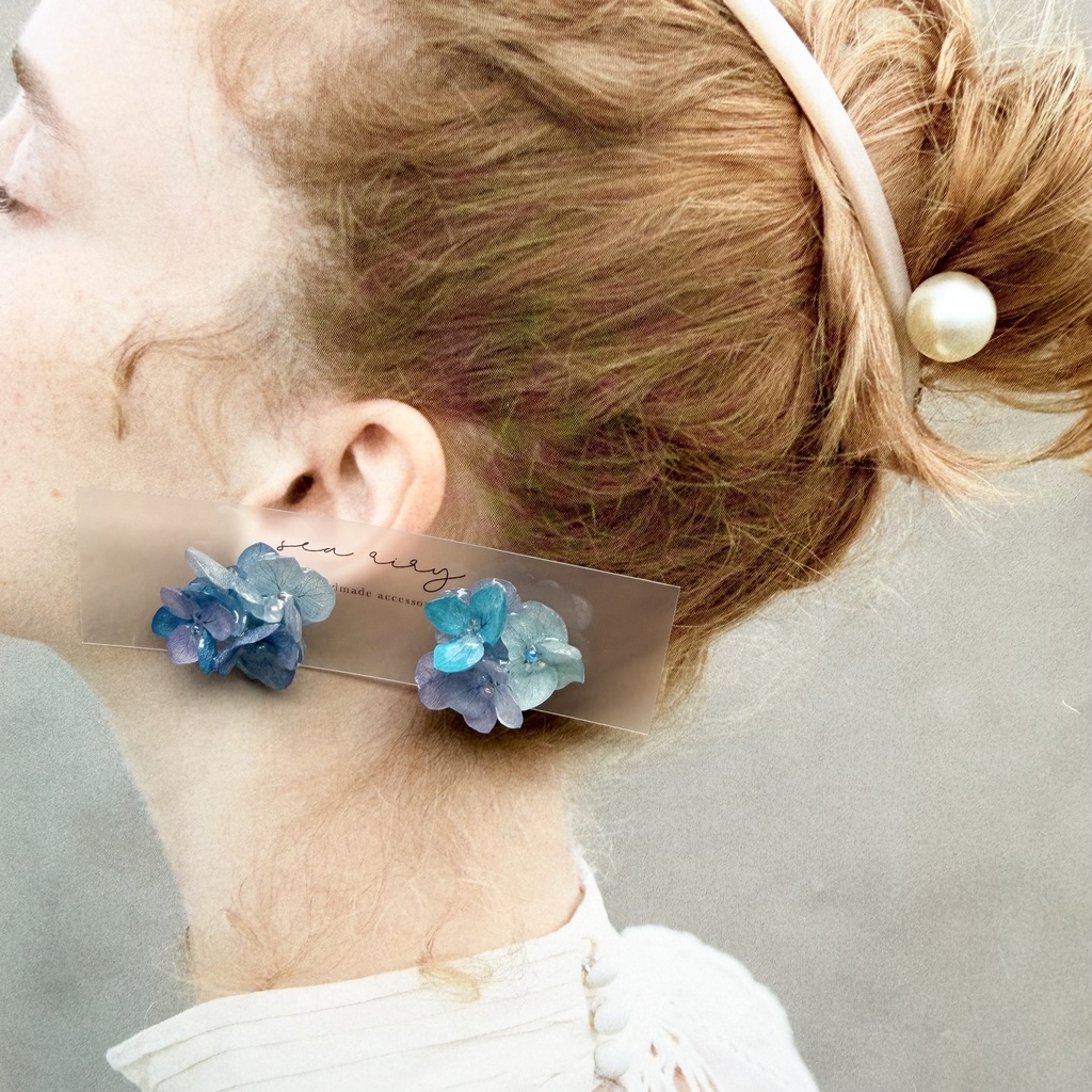 no.355 ブルーmixの紫陽花ピアス 本物のお花 アジサイ あじさい ブルー パープル サージカルステンレス ピアス