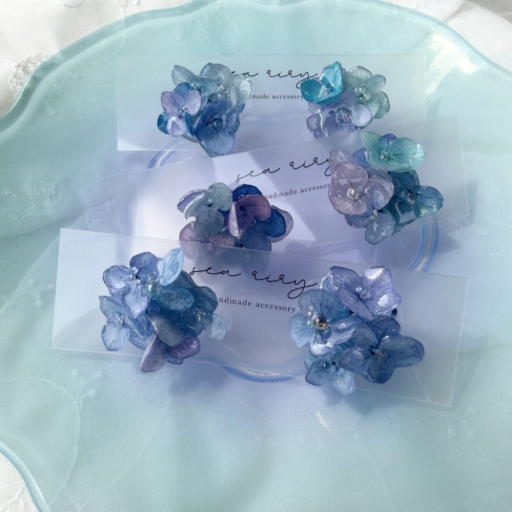 no.355 ブルーmixの紫陽花ピアス 本物のお花 アジサイ あじさい ブルー パープル サージカルステンレス ピアス