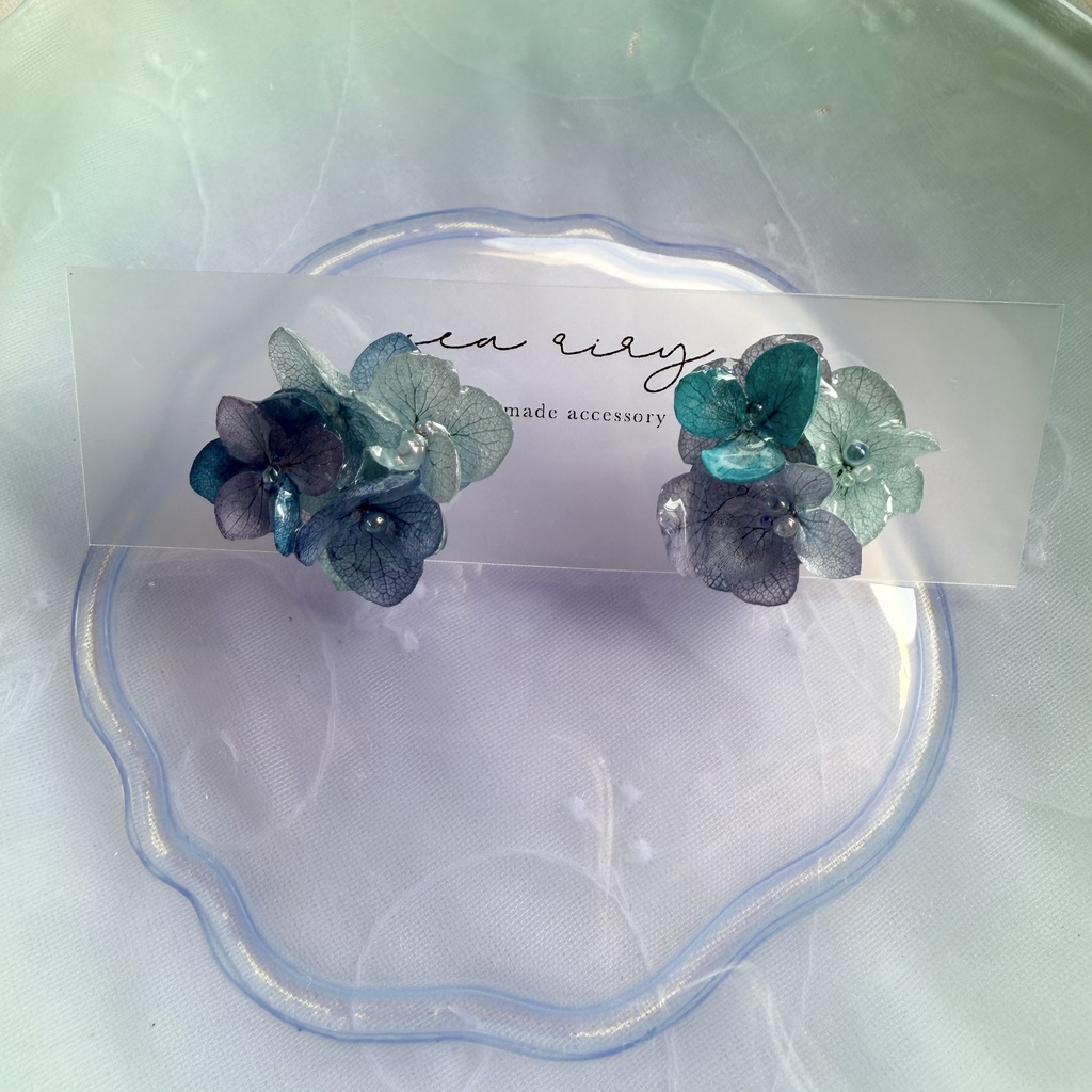 no.355 ブルーmixの紫陽花ピアス 本物のお花 アジサイ あじさい ブルー パープル サージカルステンレス ピアス
