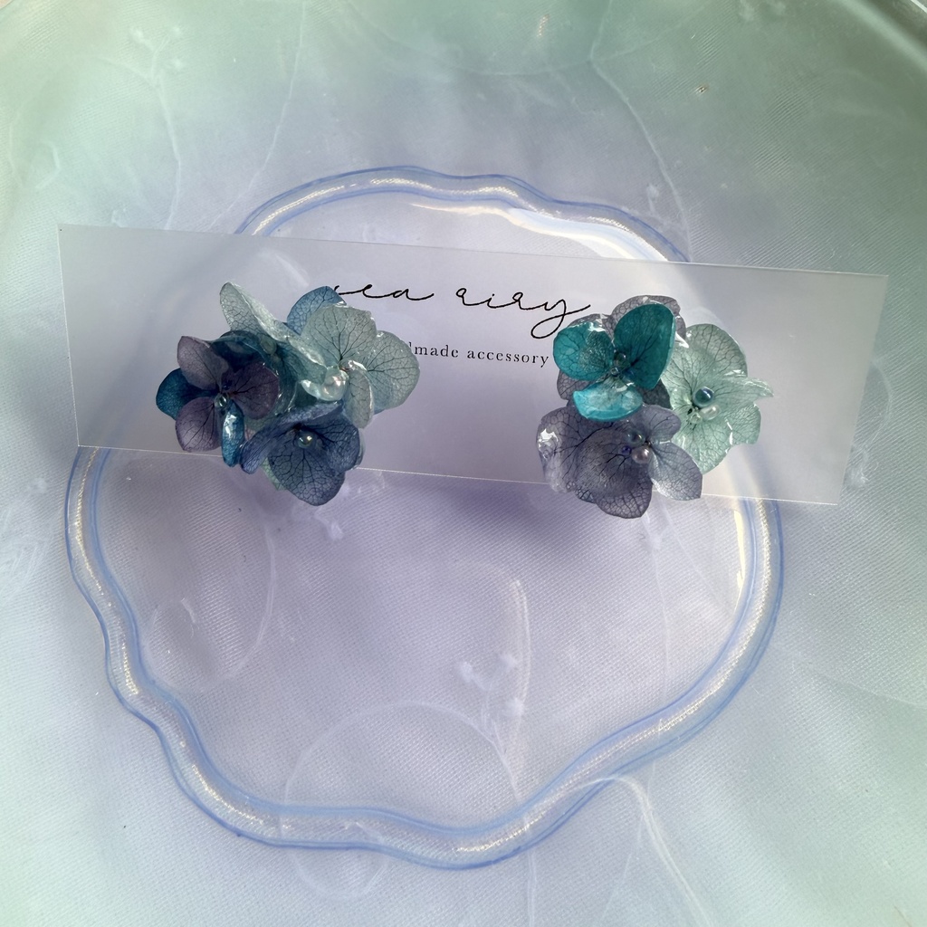 no.355 ブルーmixの紫陽花ピアス 本物のお花 アジサイ あじさい ブルー パープル サージカルステンレス ピアス