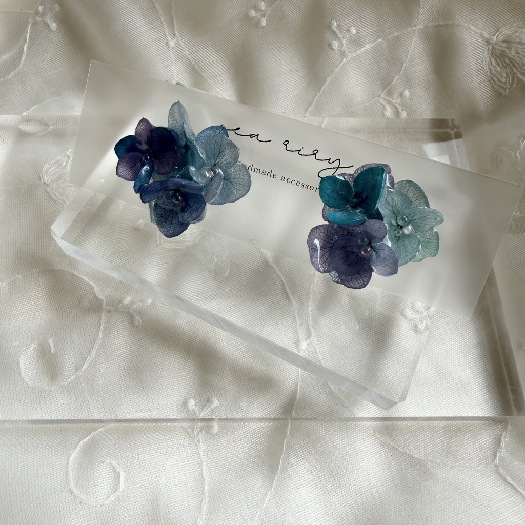 no.355 ブルーmixの紫陽花ピアス 本物のお花 アジサイ あじさい ブルー パープル サージカルステンレス ピアス
