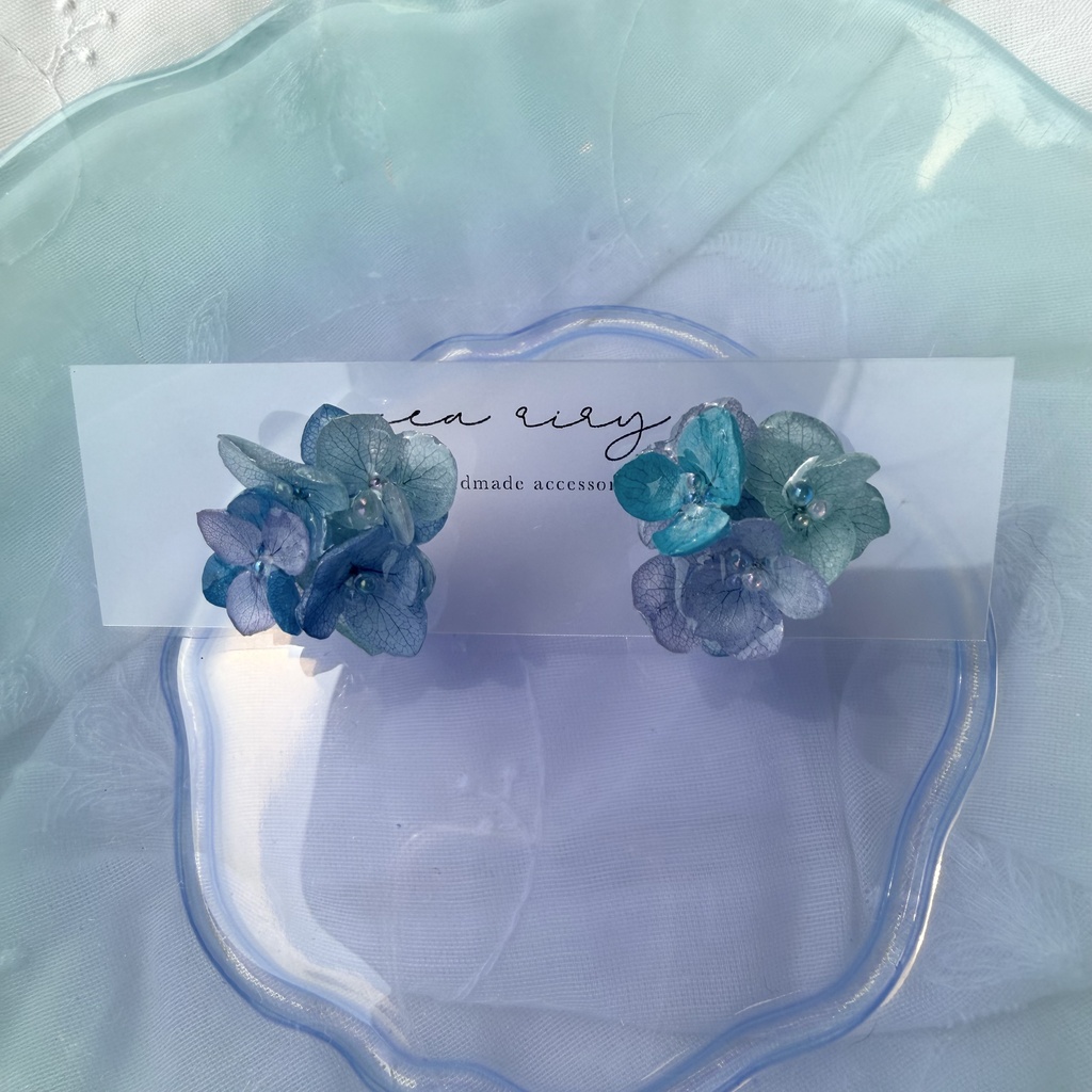 no.355 ブルーmixの紫陽花ピアス 本物のお花 アジサイ あじさい ブルー パープル サージカルステンレス ピアス