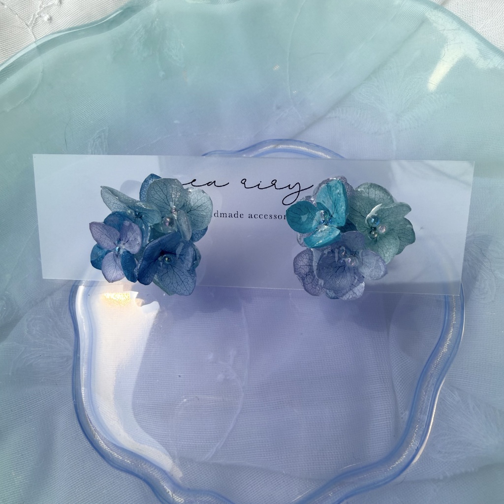 no.355 ブルーmixの紫陽花ピアス 本物のお花 アジサイ あじさい ブルー パープル サージカルステンレス ピアス