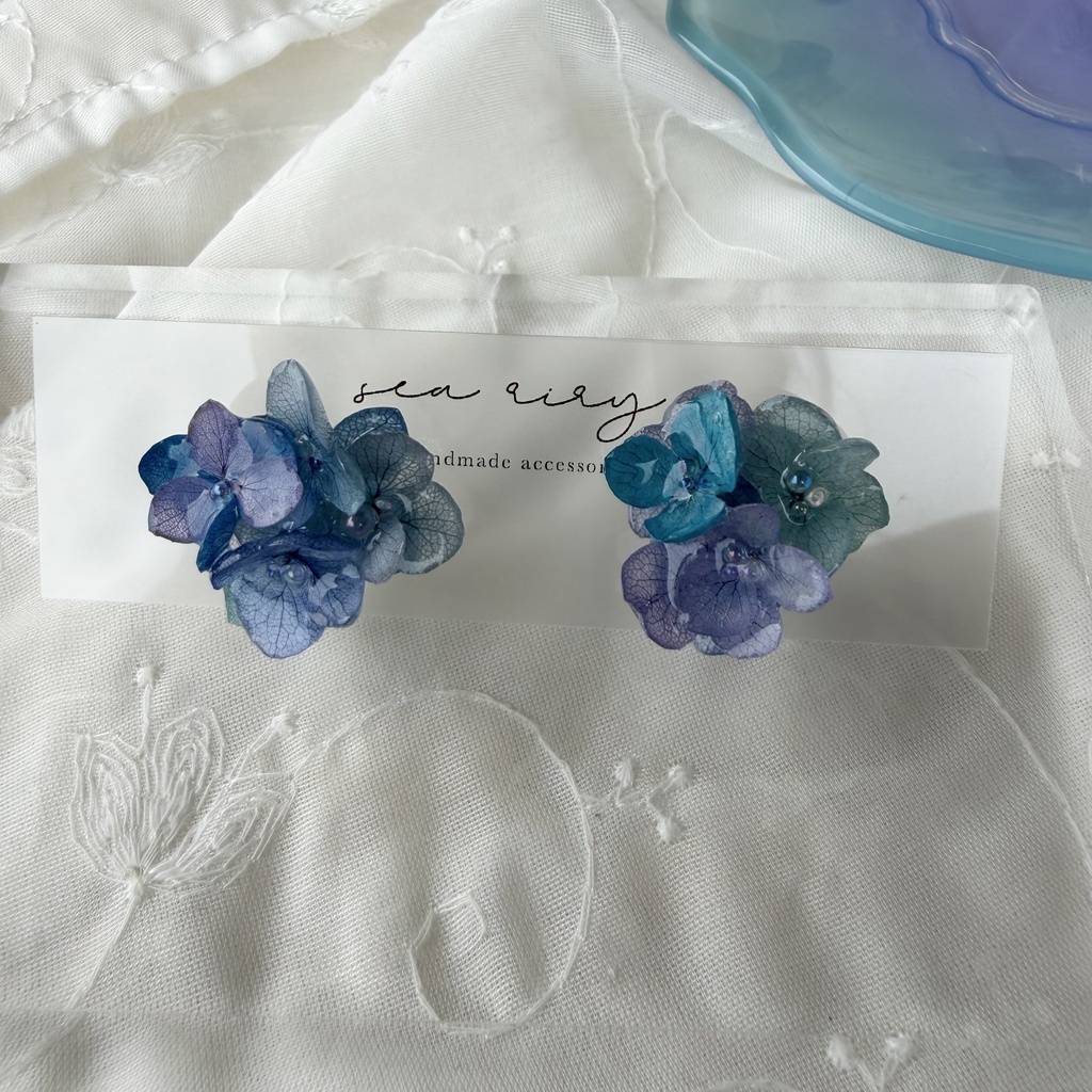 no.355 ブルーmixの紫陽花ピアス 本物のお花 アジサイ あじさい ブルー パープル サージカルステンレス ピアス