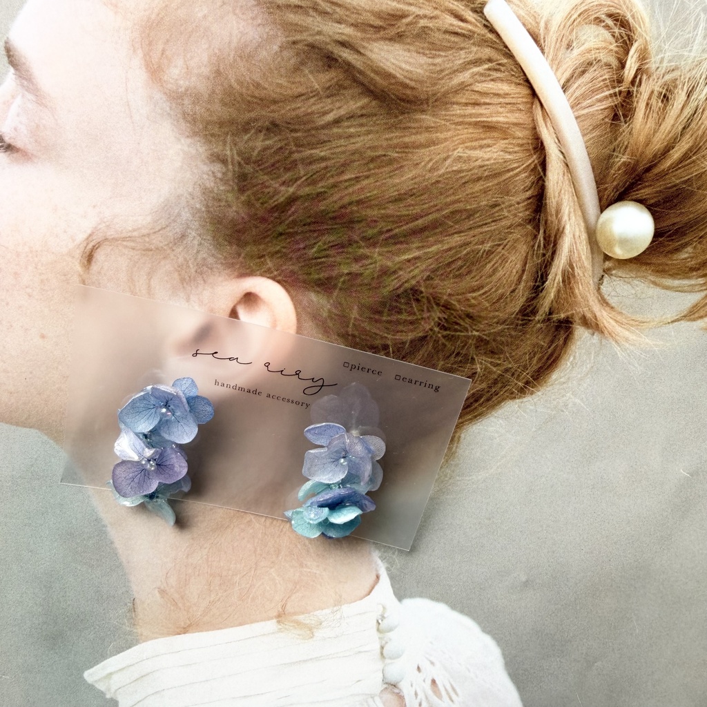 no.356 紫陽花連なるピアス 本物のお花 紫陽花 ブルーmix バブル サージカルステンレス ピアス