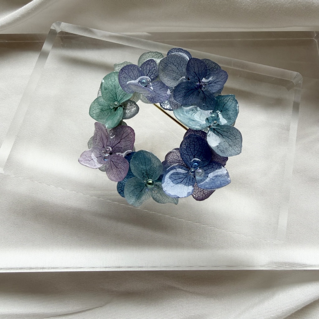 no.357 再販 ブルーmixの紫陽花ブローチ 本物のお花 紫陽花 帯留金具付き 帯留 着物 ハンドメイド