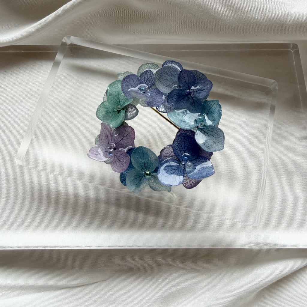 no.357 再販 ブルーmixの紫陽花ブローチ 本物のお花 紫陽花 帯留金具付き 帯留 着物 ハンドメイド