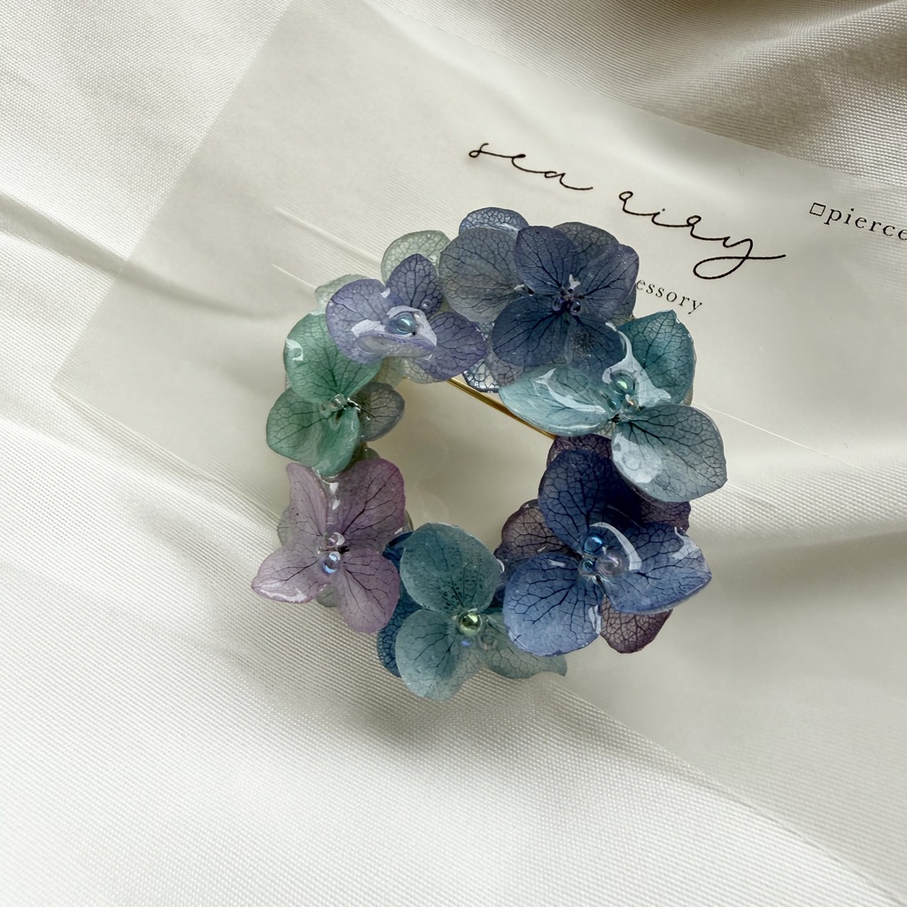 no.357 再販 ブルーmixの紫陽花ブローチ 本物のお花 紫陽花 帯留金具付き 帯留 着物 ハンドメイド