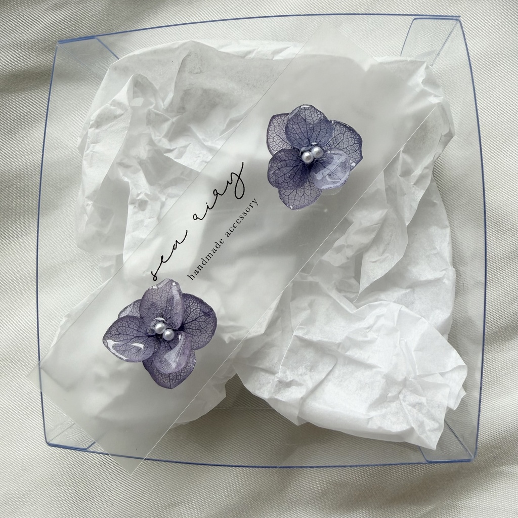 no.360 再販 パープルグラデの紫陽花ピアス 本物のお花 紫陽花 パープルグラデ サージカルステンレス ピアス