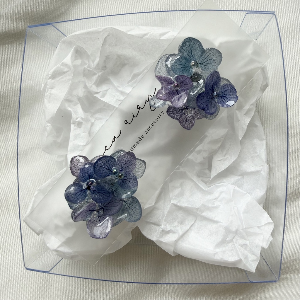 no.362 再販 マーメイドカラーの紫陽花ピアス 本物のお花 アジサイ あじさい ブルー サージカルステンレス