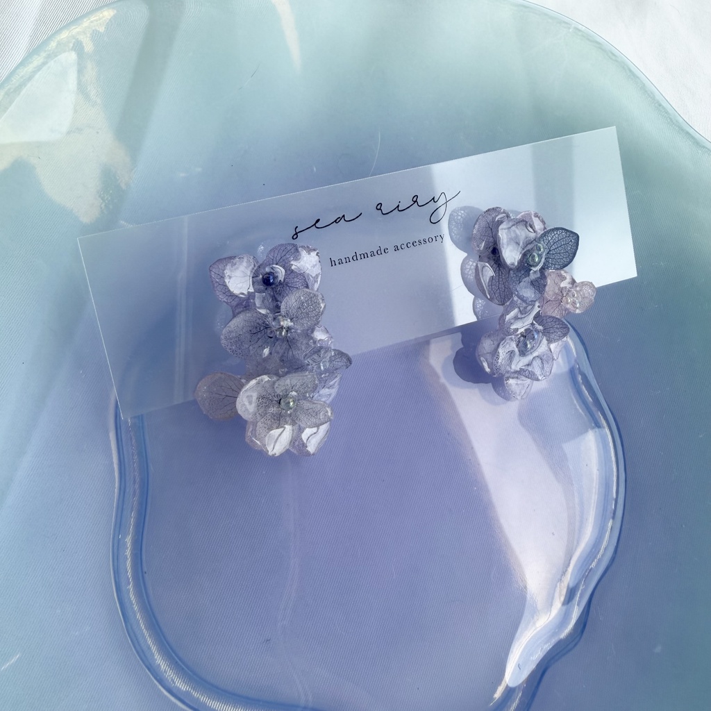 no.363 紫陽花連なるピアス 本物のお花 紫陽花 パープルmix バブル サージカルステンレス ピアス