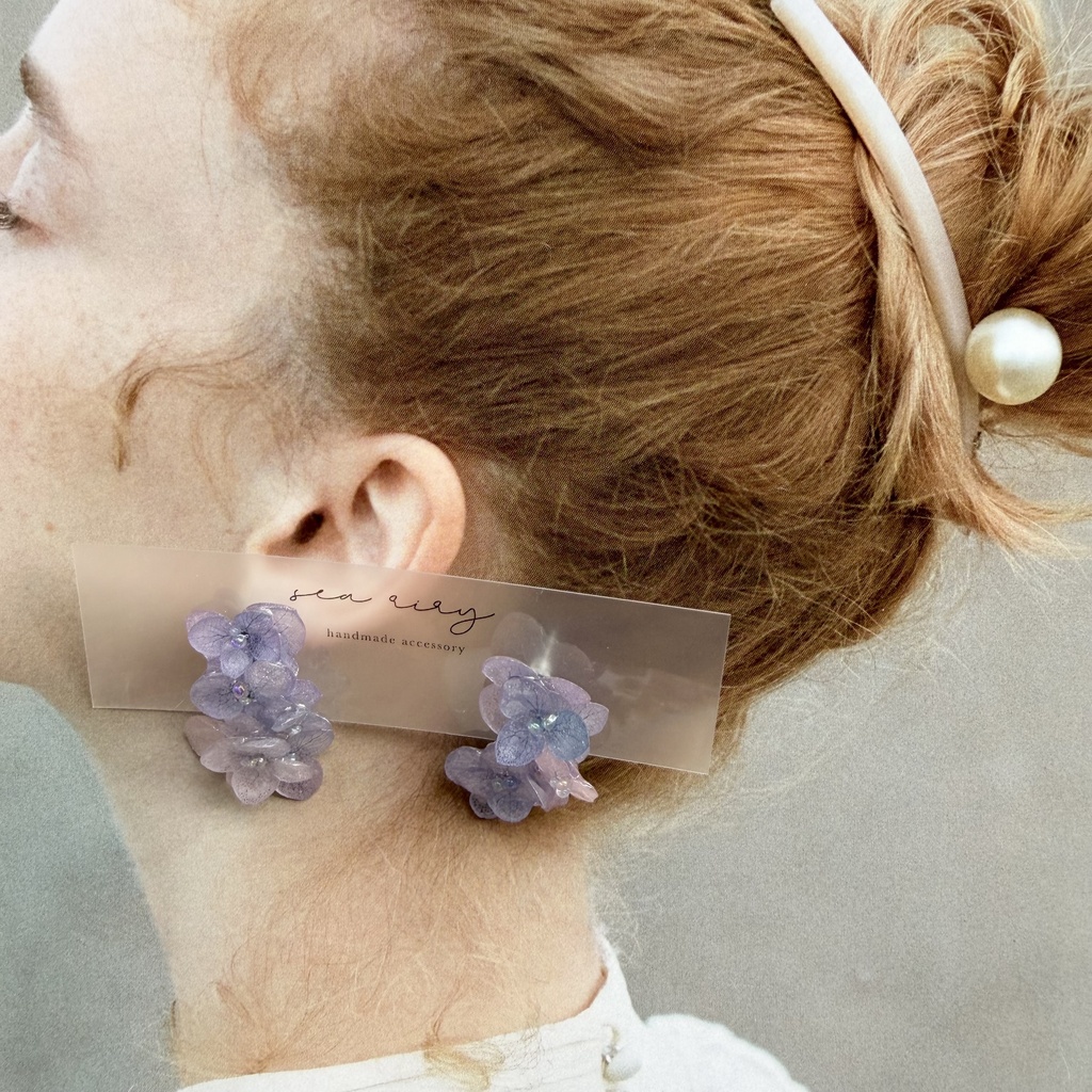 no.363 紫陽花連なるピアス 本物のお花 紫陽花 パープルmix バブル サージカルステンレス ピアス