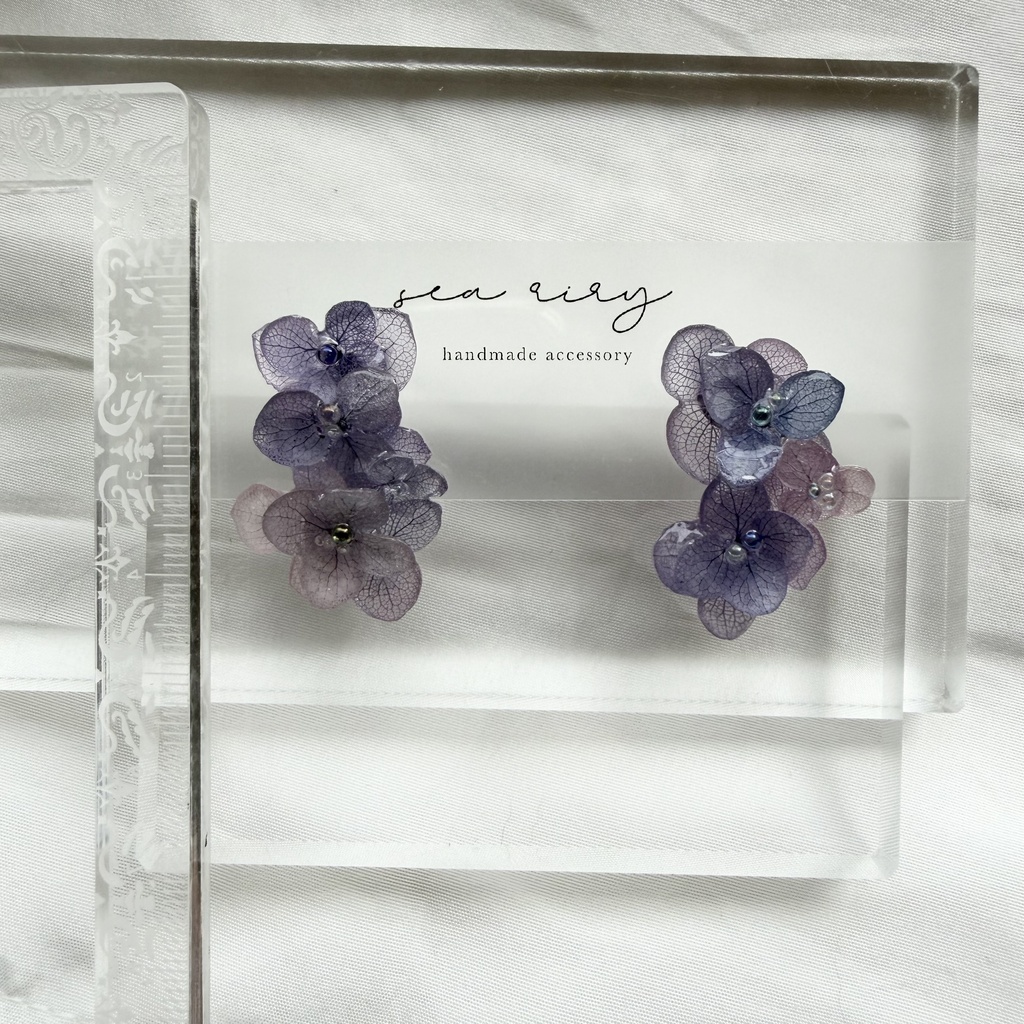 no.363 紫陽花連なるピアス 本物のお花 紫陽花 パープルmix バブル サージカルステンレス ピアス