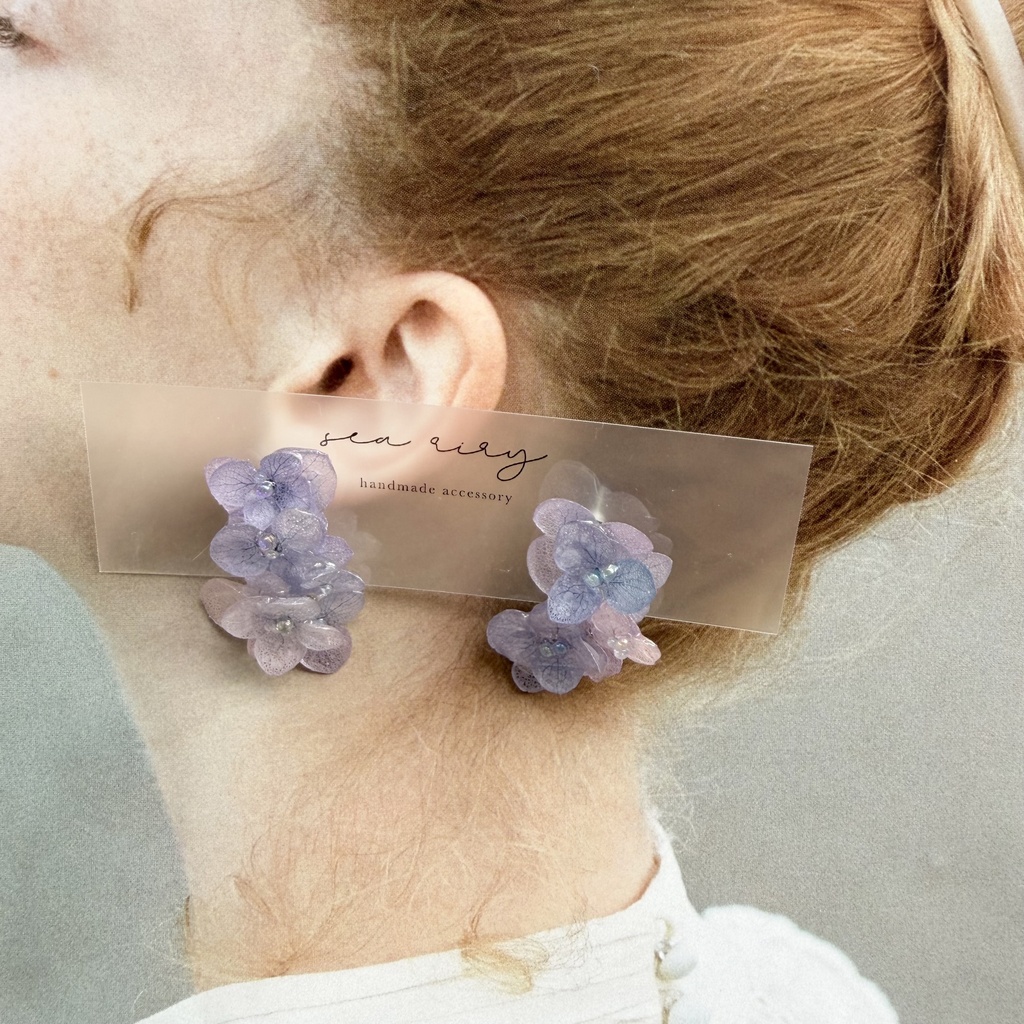 no.363 紫陽花連なるピアス 本物のお花 紫陽花 パープルmix バブル サージカルステンレス ピアス