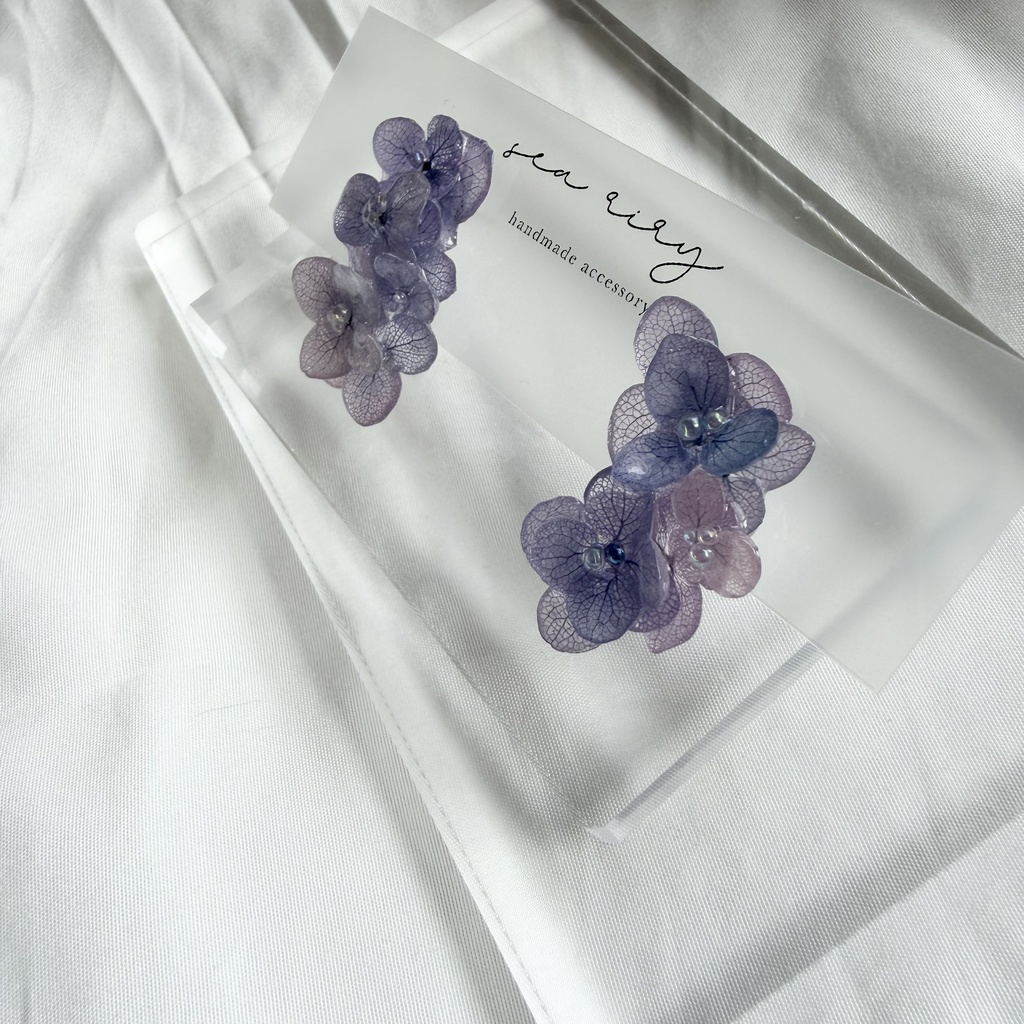 no.363 紫陽花連なるピアス 本物のお花 紫陽花 パープルmix バブル サージカルステンレス ピアス