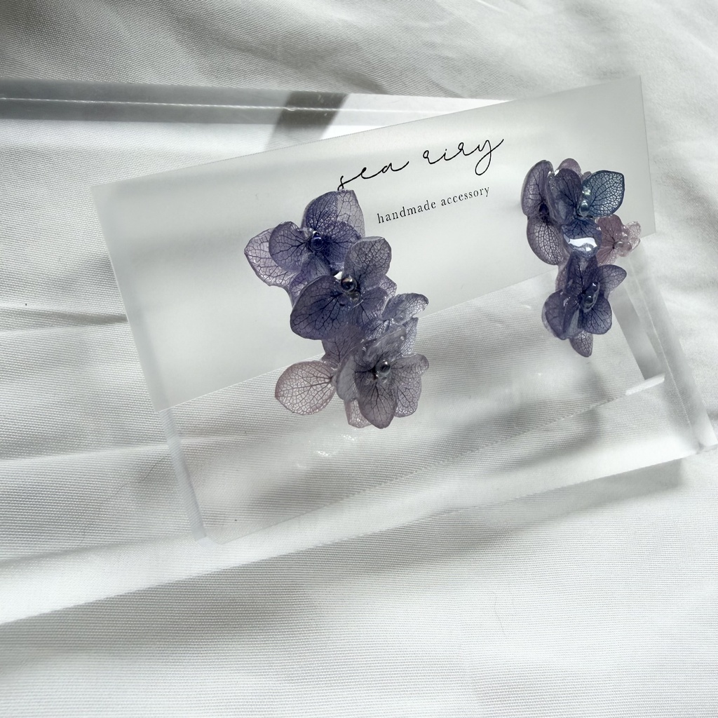 no.363 紫陽花連なるピアス 本物のお花 紫陽花 パープルmix バブル サージカルステンレス ピアス