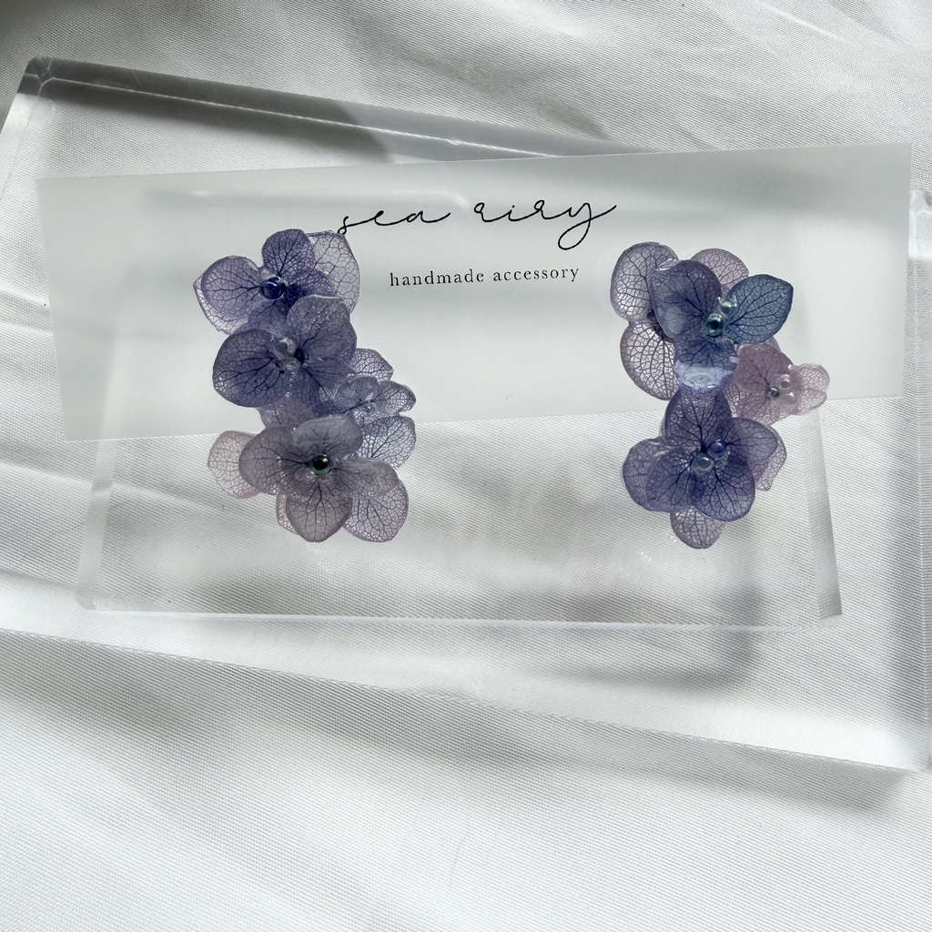 no.363 紫陽花連なるピアス 本物のお花 紫陽花 パープルmix バブル サージカルステンレス ピアス