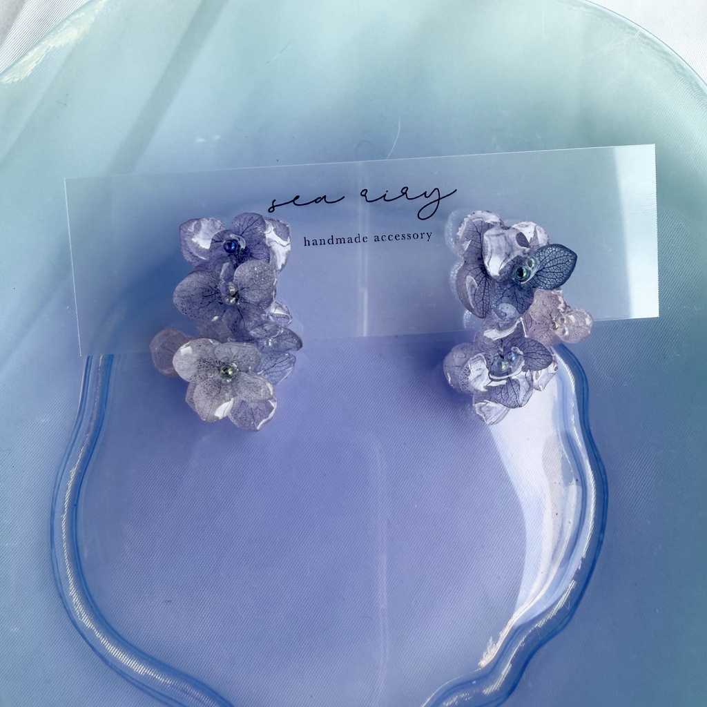 no.363 紫陽花連なるピアス 本物のお花 紫陽花 パープルmix バブル サージカルステンレス ピアス
