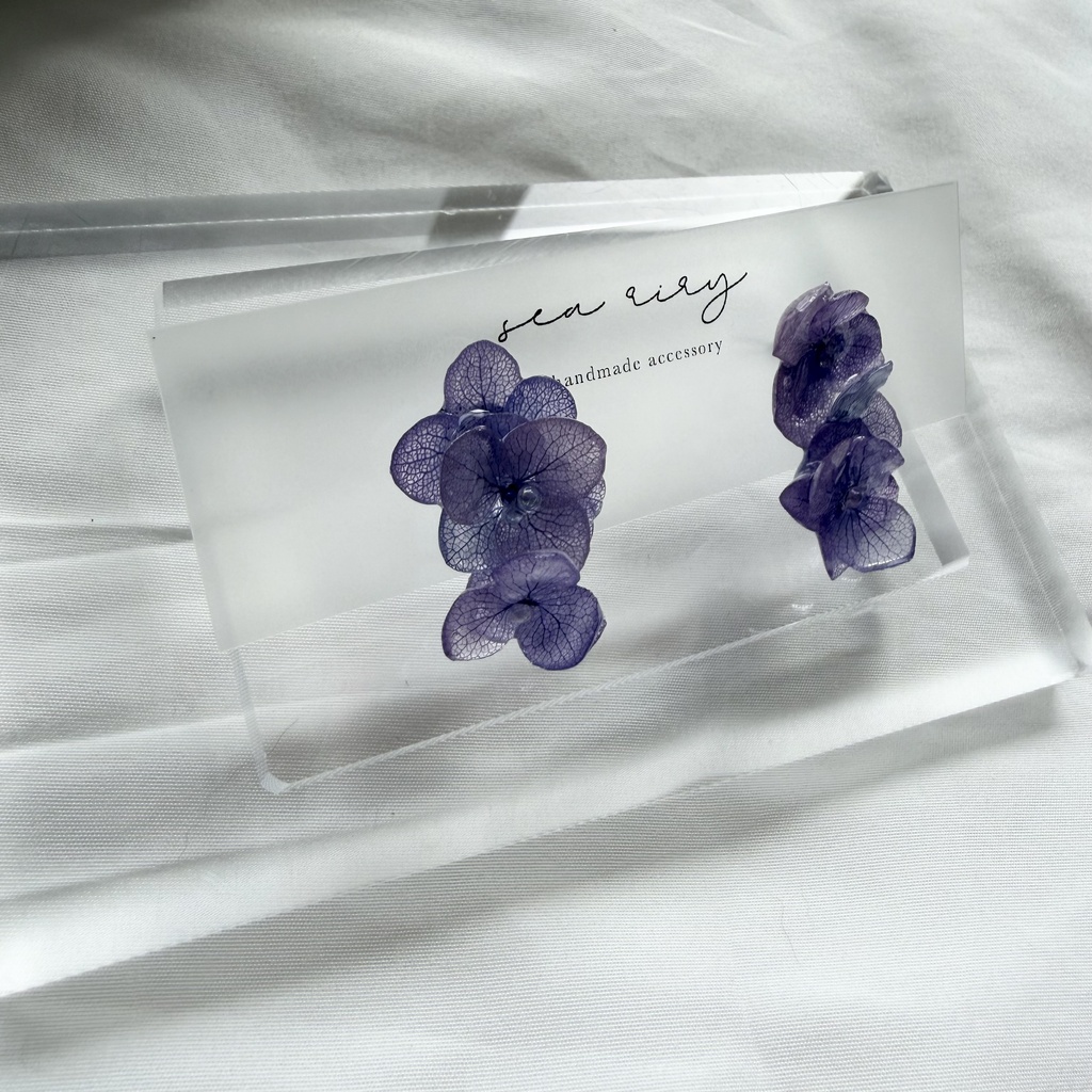 no.364 紫陽花連なるピアス 本物のお花 紫陽花 パープル バブル サージカルステンレス ピアス