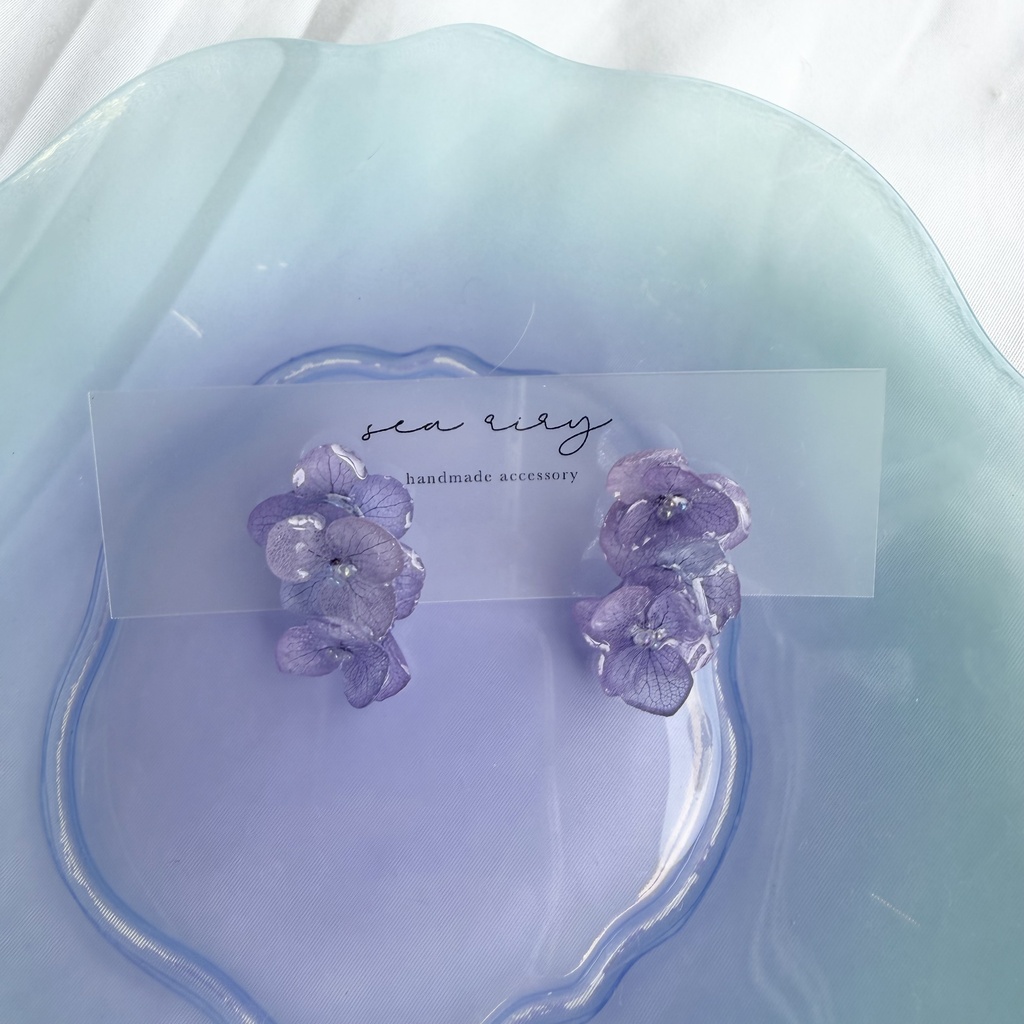 no.364 紫陽花連なるピアス 本物のお花 紫陽花 パープル バブル サージカルステンレス ピアス
