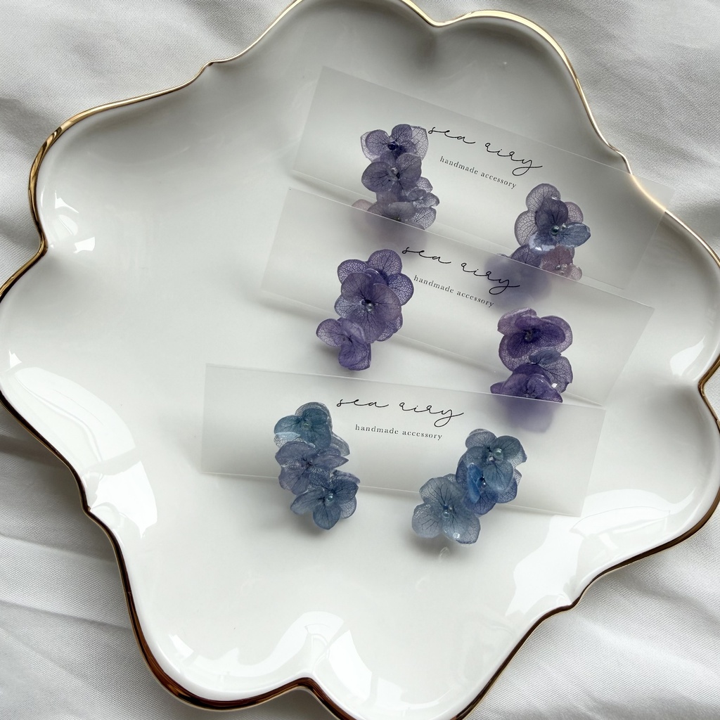 no.364 紫陽花連なるピアス 本物のお花 紫陽花 パープル バブル サージカルステンレス ピアス