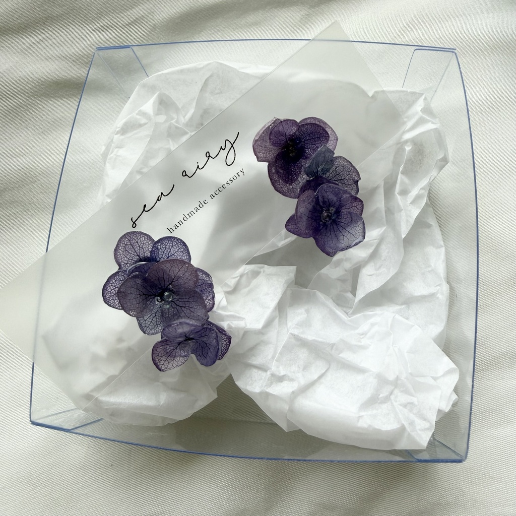 no.364 紫陽花連なるピアス 本物のお花 紫陽花 パープル バブル サージカルステンレス ピアス