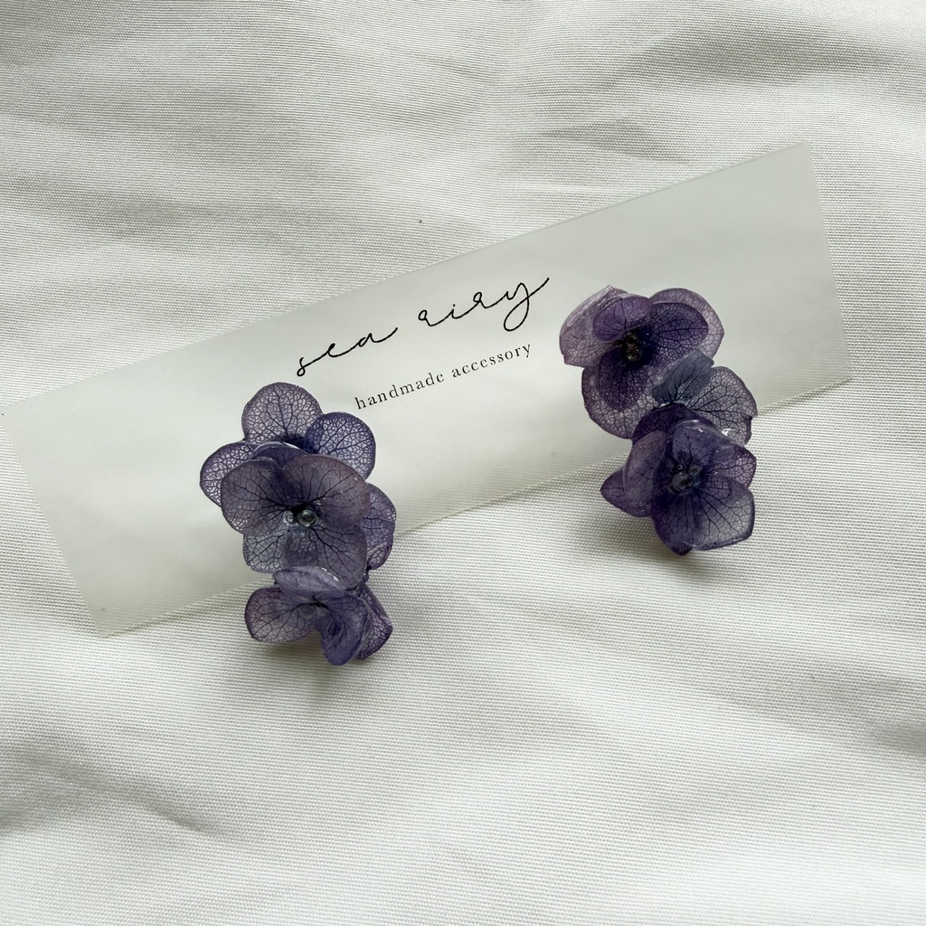 no.364 紫陽花連なるピアス 本物のお花 紫陽花 パープル バブル サージカルステンレス ピアス