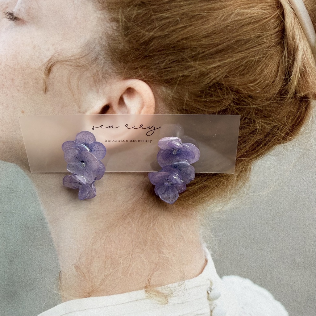 no.364 紫陽花連なるピアス 本物のお花 紫陽花 パープル バブル サージカルステンレス ピアス