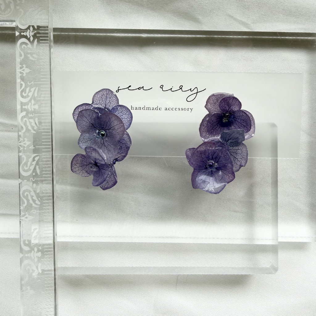 no.364 紫陽花連なるピアス 本物のお花 紫陽花 パープル バブル サージカルステンレス ピアス