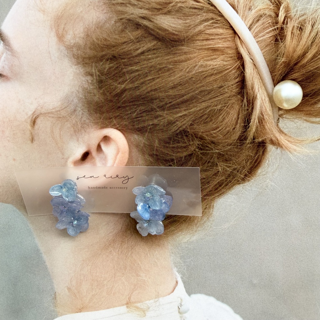 no.365  紫陽花連なるピアス  本物のお花  紫陽花  ブルーmix  バブル  サージカルステンレス  ピアス
