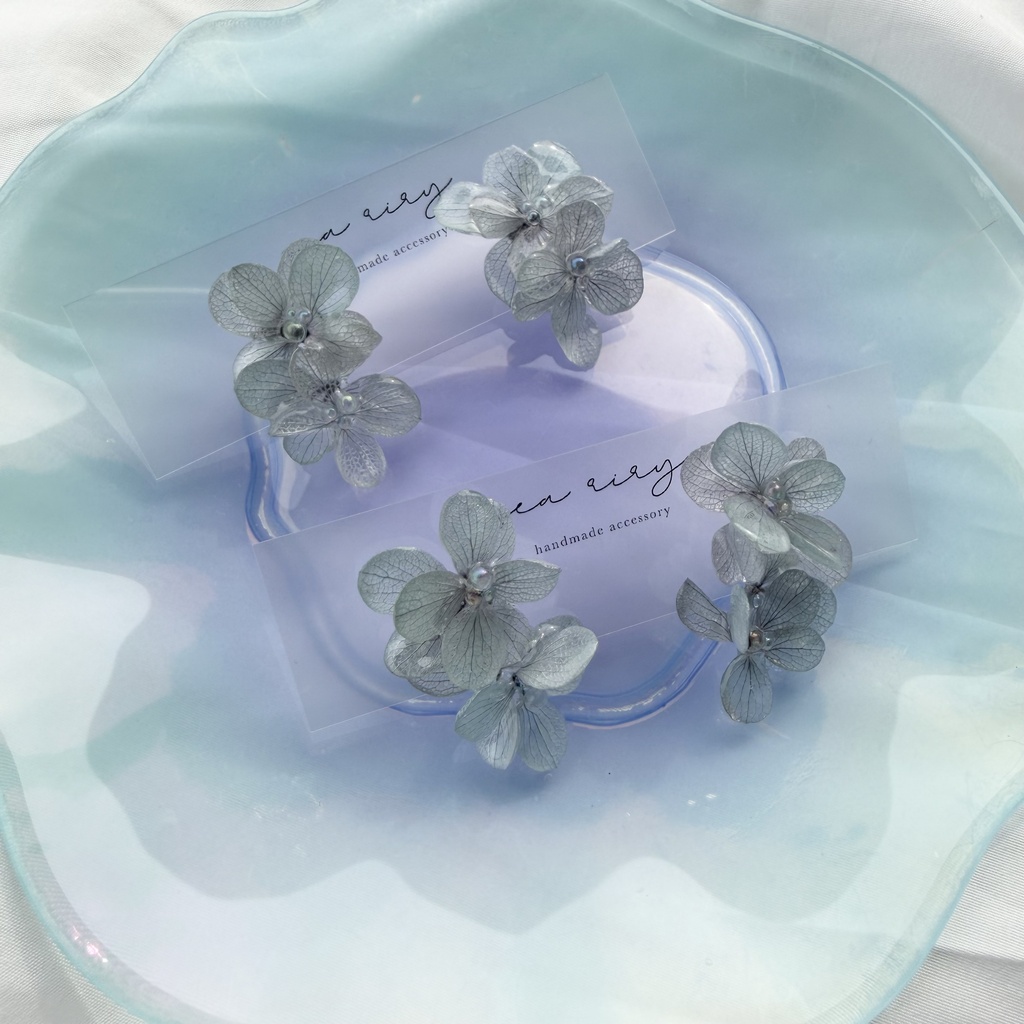 no.368 紫陽花連なるピアス 本物のお花 くすみパープル アトランティスアジサイ サージカルステンレス ピアス