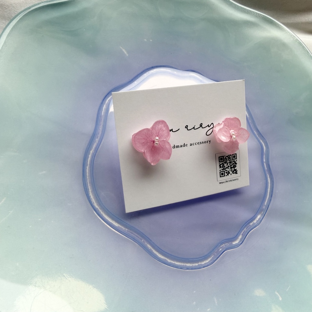no.374 再販 ちいさなお花のピアス 本物のお花 アナベル 紫陽花 ピンク サージカルステンレス ピアス
