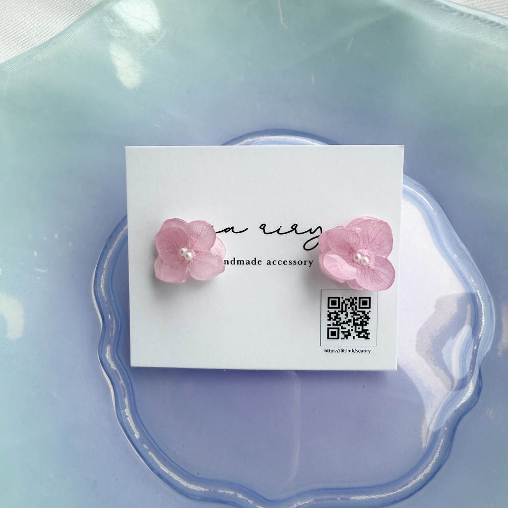 no.374 再販 ちいさなお花のピアス 本物のお花 アナベル 紫陽花 ピンク サージカルステンレス ピアス
