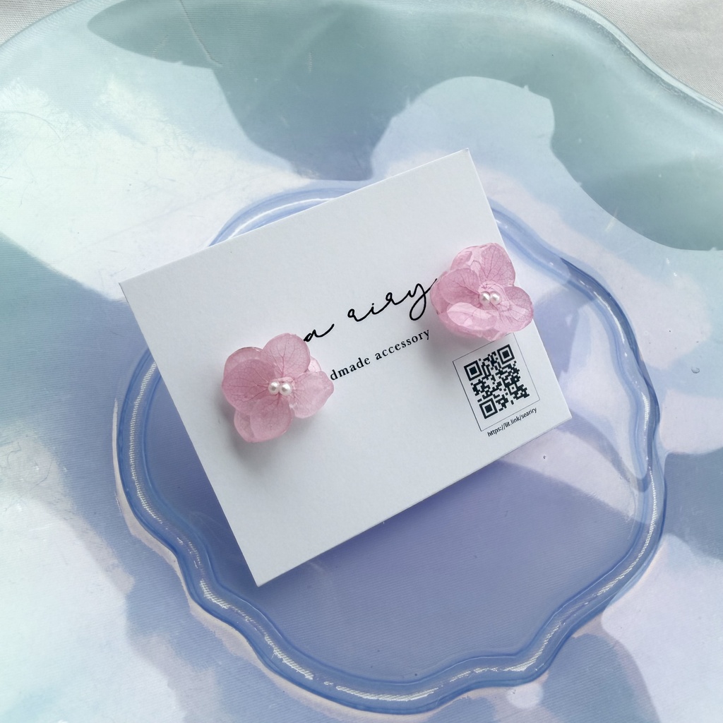 no.374 再販 ちいさなお花のピアス 本物のお花 アナベル 紫陽花 ピンク サージカルステンレス ピアス