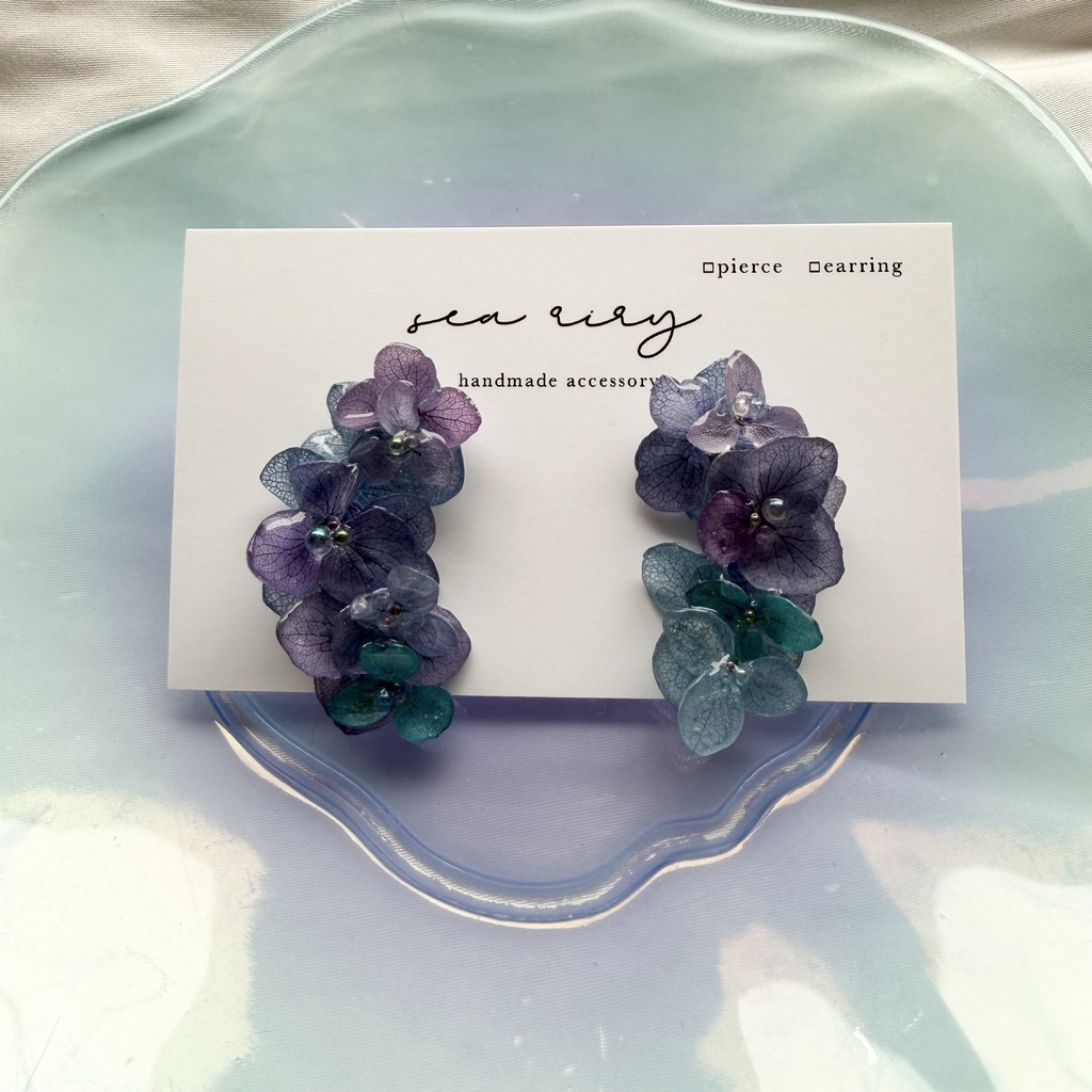 no.376 再販 紫陽花連なるピアス 本物のお花 紫陽花 ブルーmix バブル サージカルステンレス ピアス