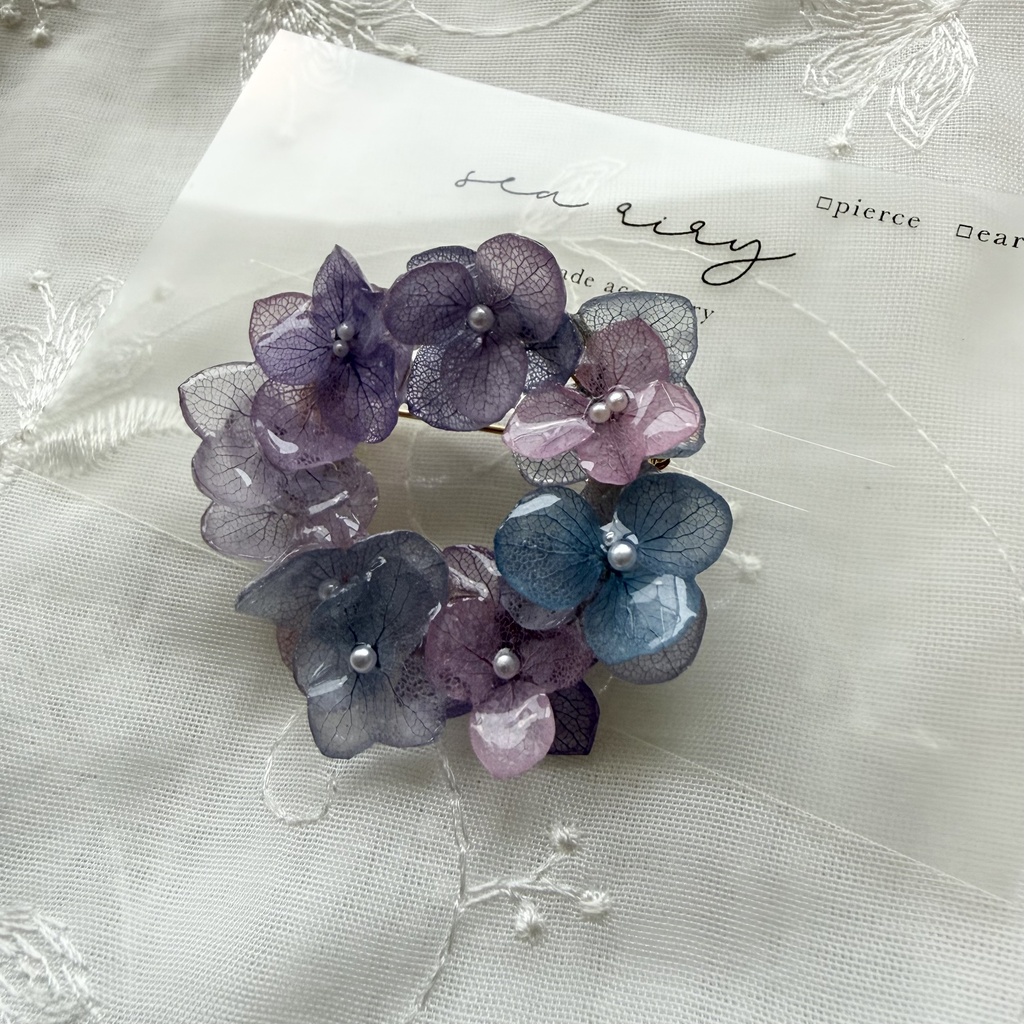 no.393 再販 マーメイドカラーの紫陽花ブローチ 本物のお花 紫陽花 帯留金具付き 帯留 着物 ブローチ