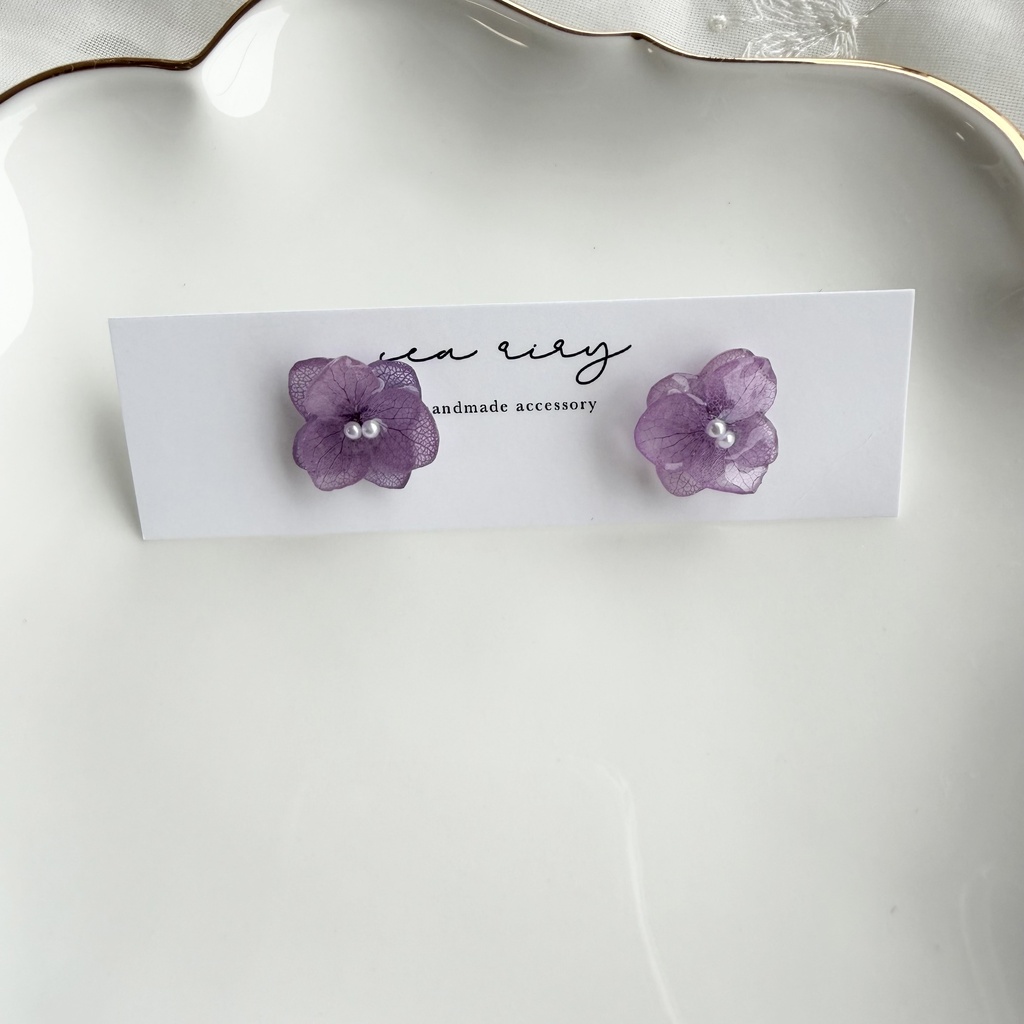 no.395 再販 紫陽花のピアス 本物のお花 アナベル 紫陽花 パープル サージカルステンレス ピアス