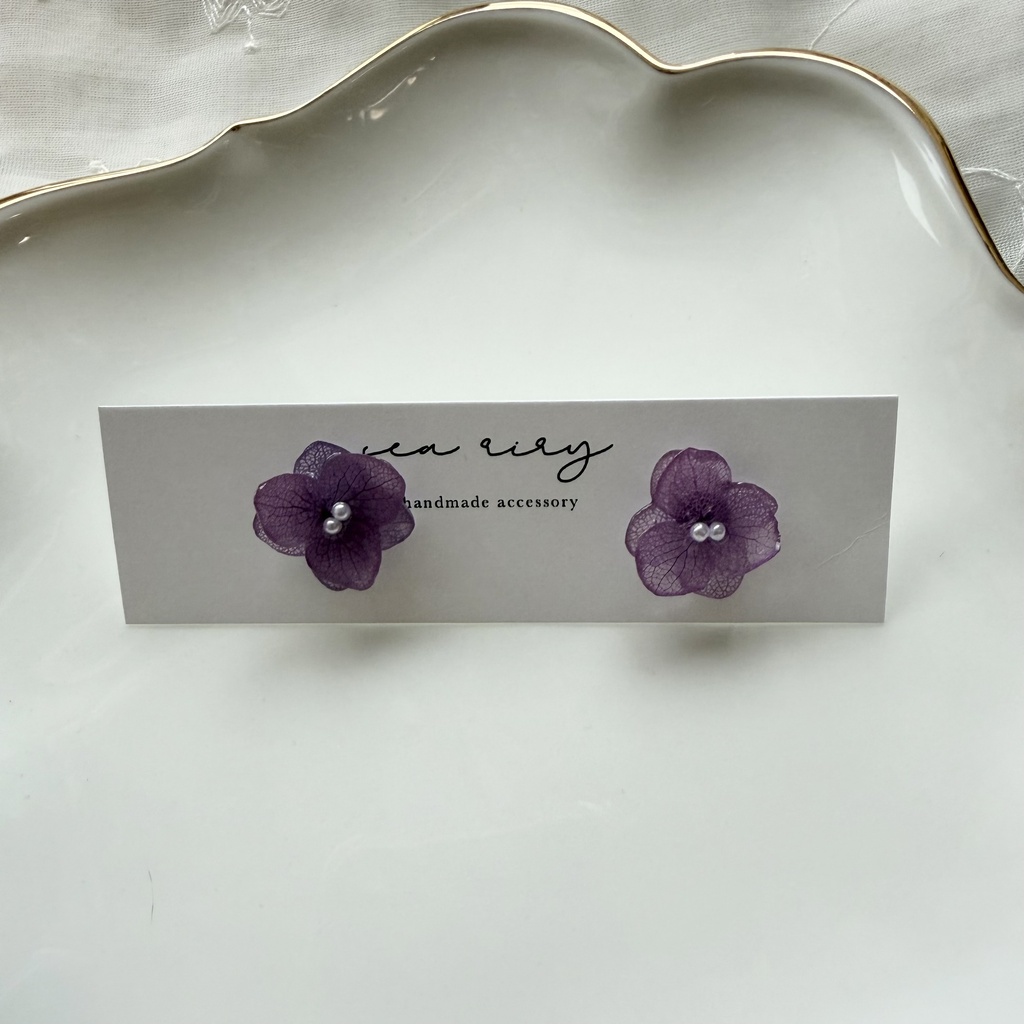 no.395 再販 紫陽花のピアス 本物のお花 アナベル 紫陽花 パープル サージカルステンレス ピアス